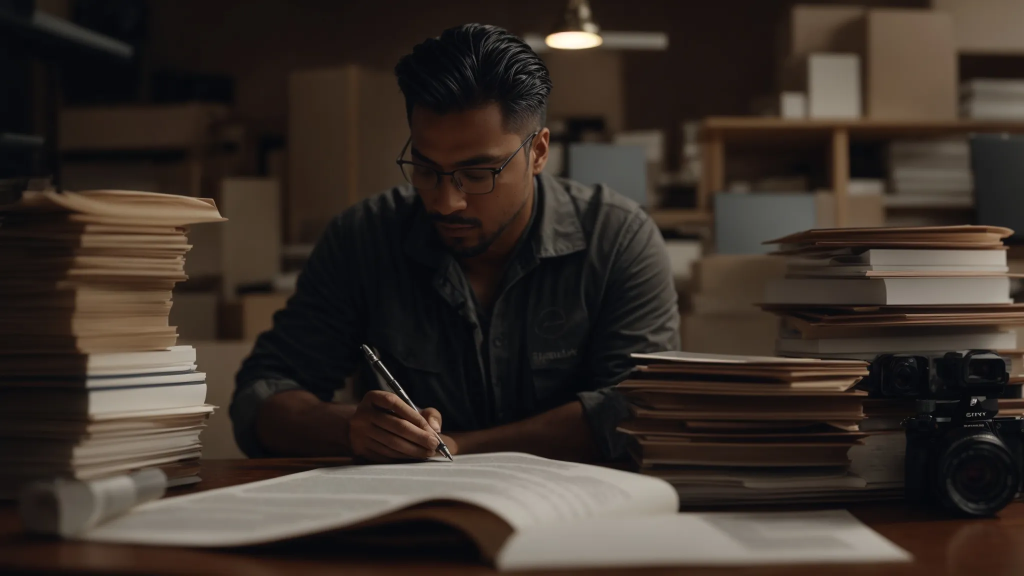 a contractor confidently signing a contract while surrounded by a stack of completed projects, representing success and growth.