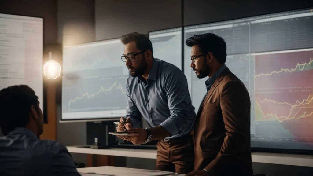 a contractor engaged in focused discussion with a seasoned business coach, surrounded by charts and graphs mapping out growth strategies.