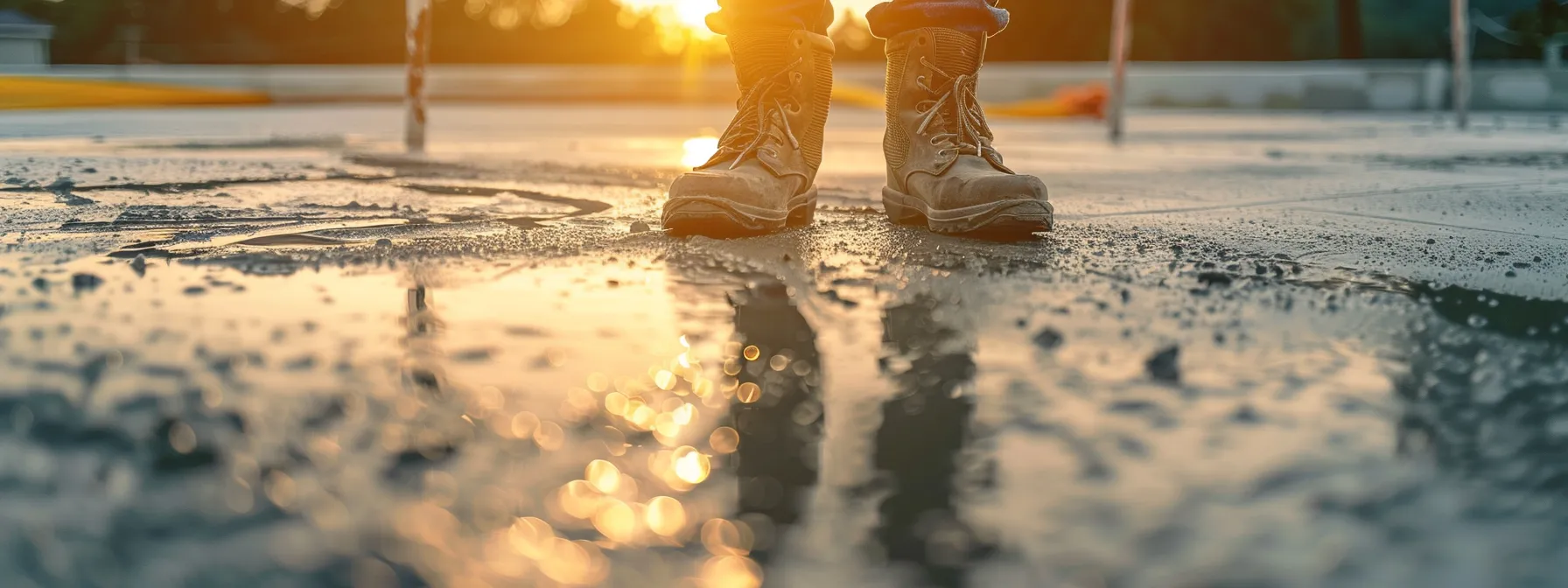 a concrete contractor carefully inspecting the smooth, flawless surface of a newly poured foundation, ensuring quality assurance in every aspect of construction.