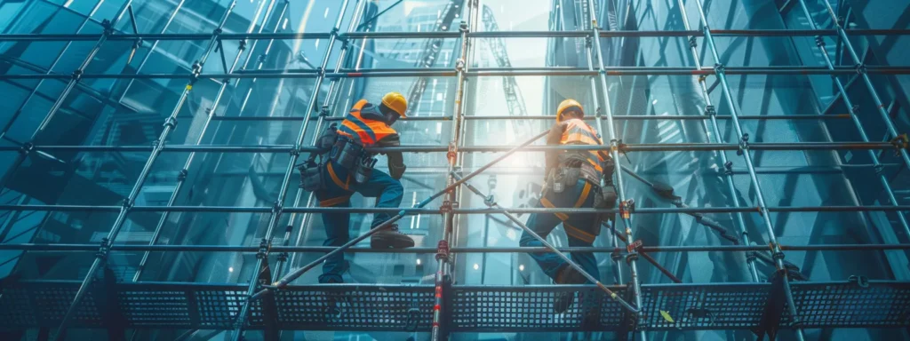 a construction crew working diligently on a massive, modern building project.