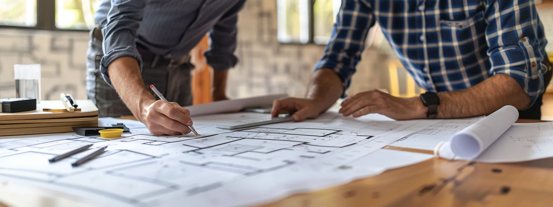 a contractor and client discussing house plans, surrounded by blueprints and design sketches, showcasing a collaborative effort to bring the client's vision to life.