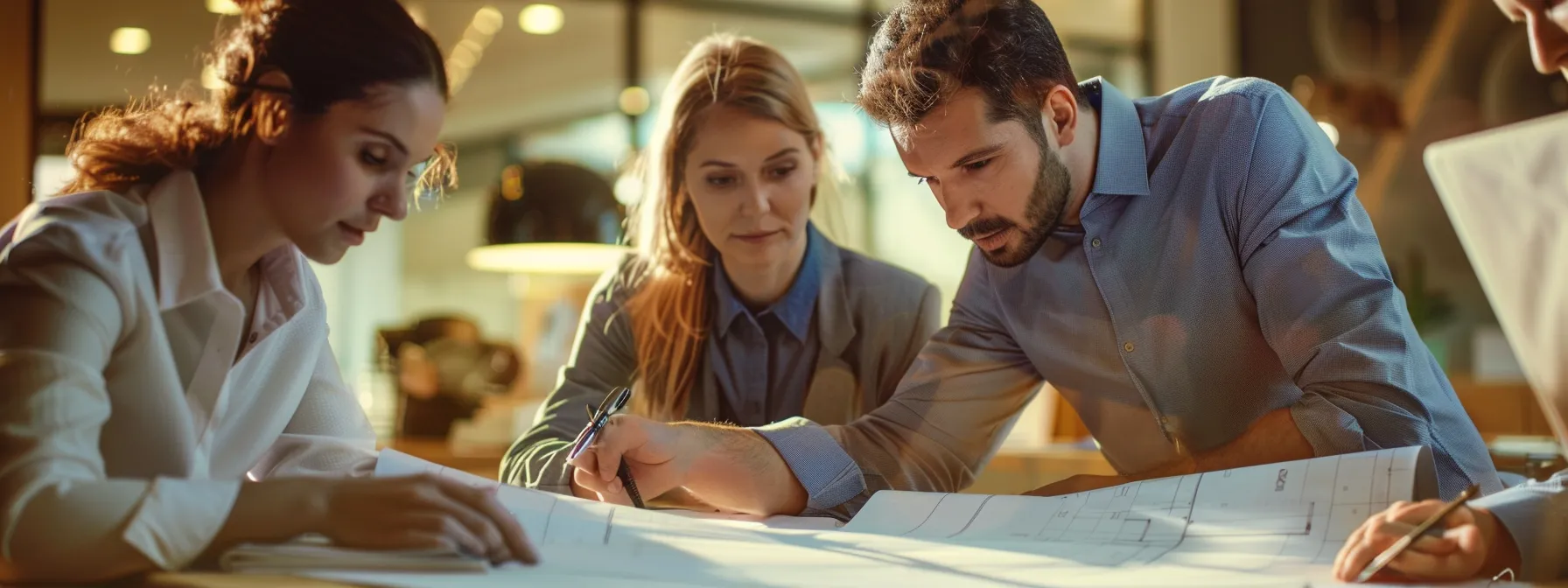 a diverse group of construction professionals carefully discussing blueprints and plans in a conference room, showcasing a strong partnership in bringing visions to life.