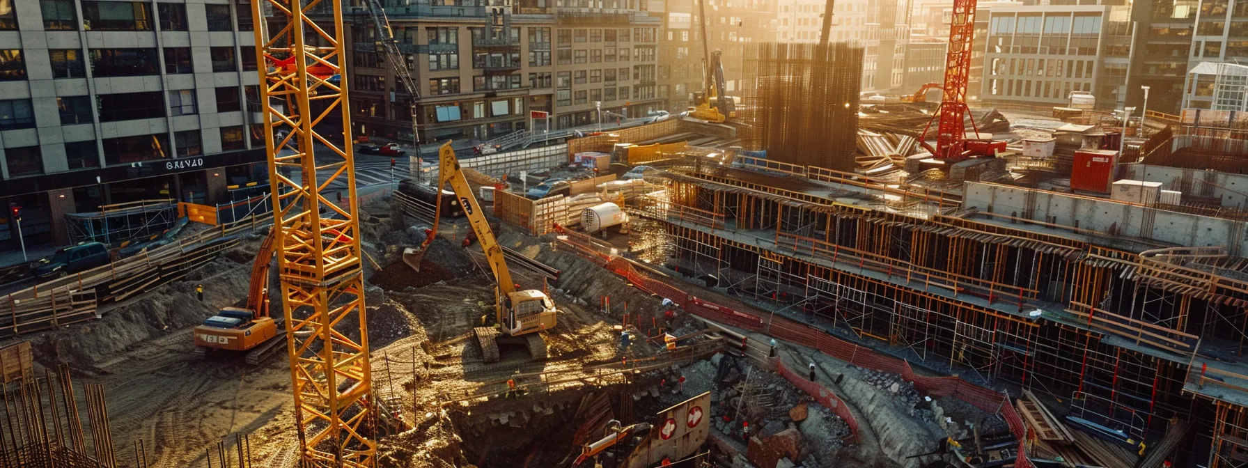 a construction site bustling with activity, showcasing efficient scheduling, proactive problem-solving, and transparent communication for timely project delivery without compromise.